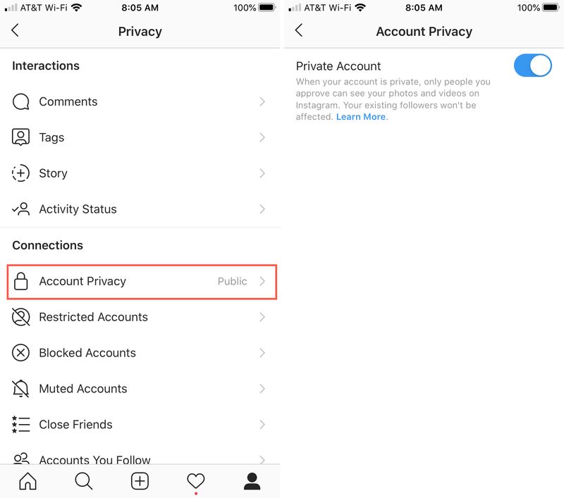 Confidentialité du compte Instagram