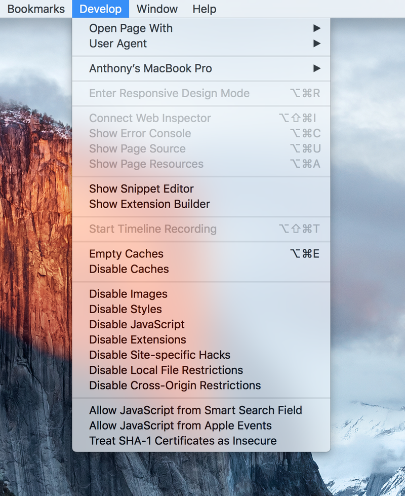 Safari Develop Menu