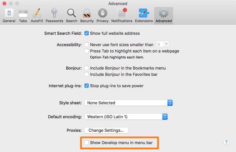 show Develop menu safari