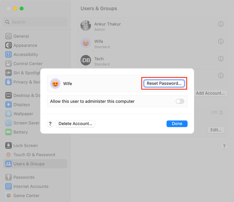 Reset Password option in Mac System Settings