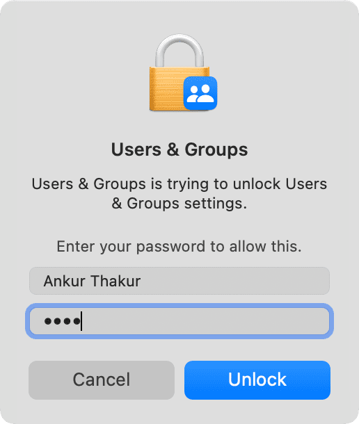 Users and Groups is trying to unlock Users and Groups settings