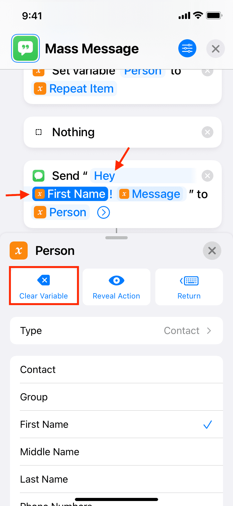 Supprimer le texte automatique du raccourci Mass Message sur iPhone