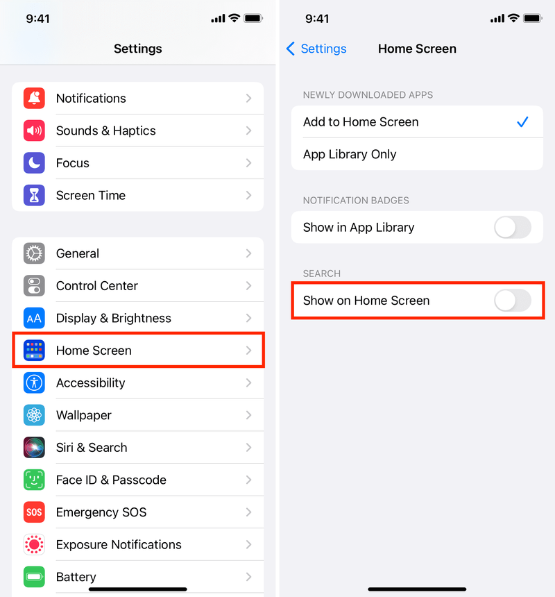 Turn off Show on Home Screen on iPhone to hide the search button