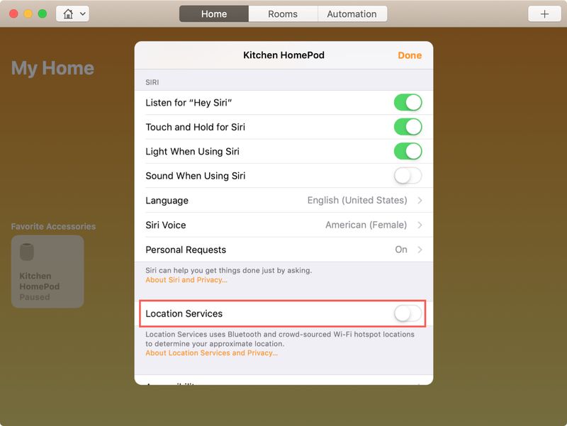 Disable HomePod Location Services Mac