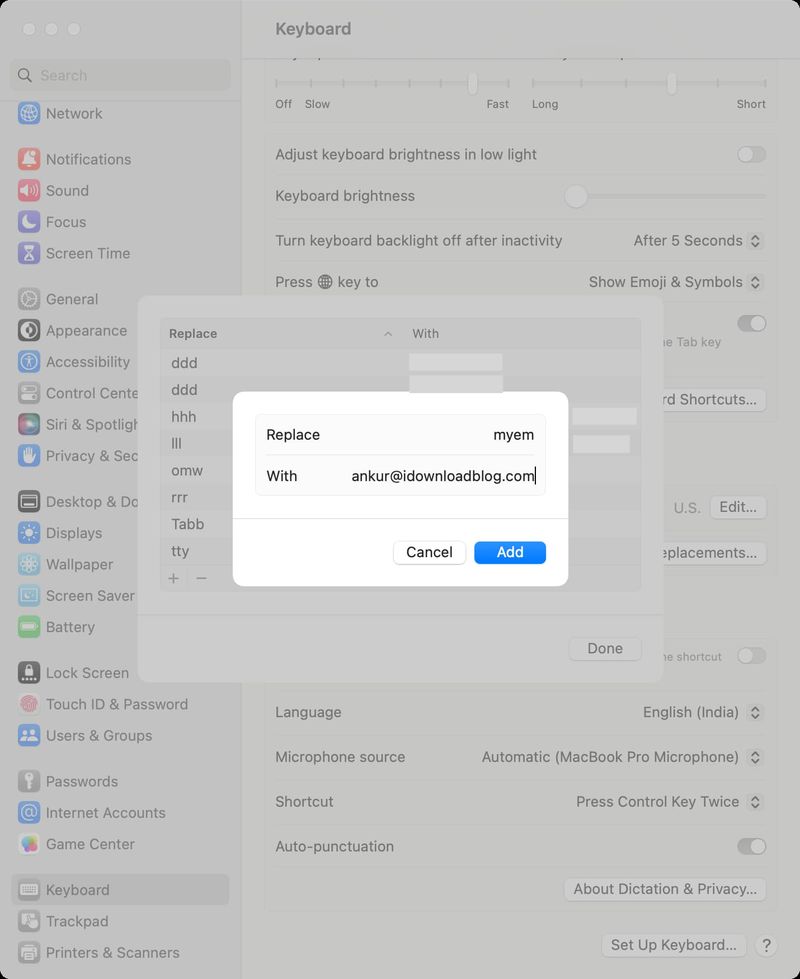 Set up text replacements on Mac