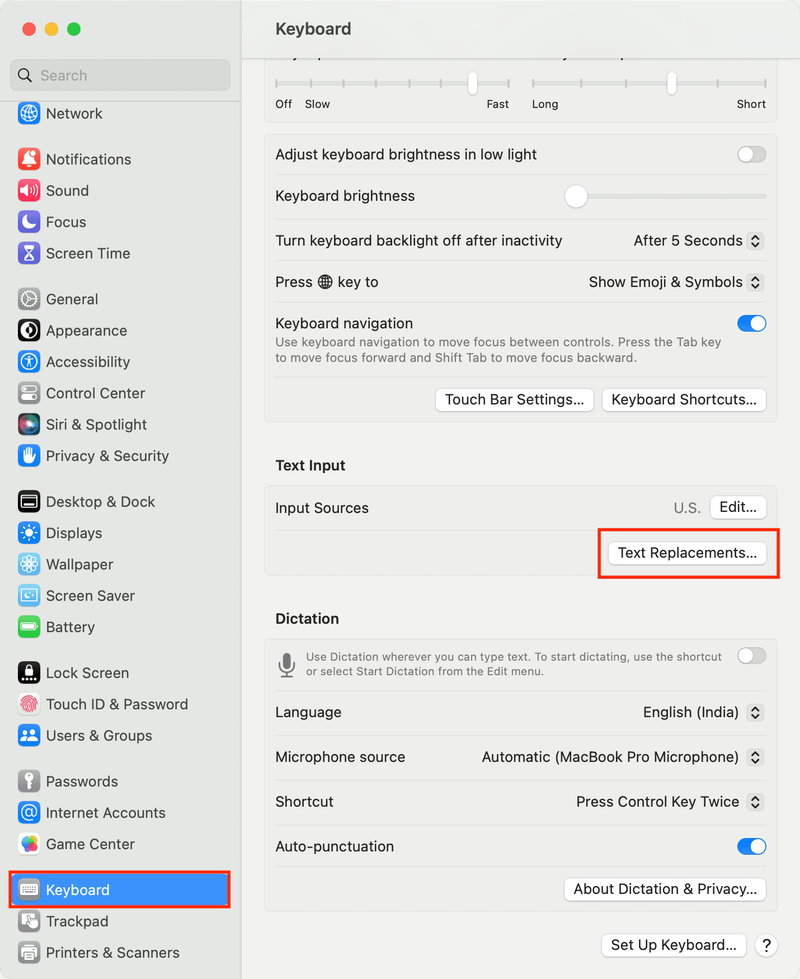 Text Replacements in Mac keyboard settings