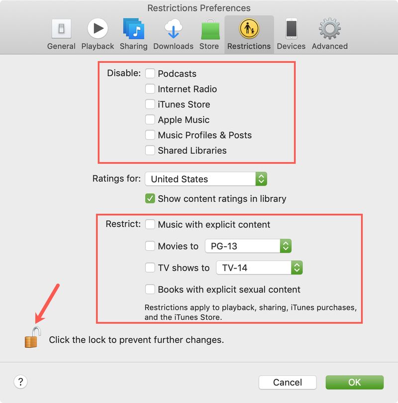 iTunes Parental Controls Restrictions