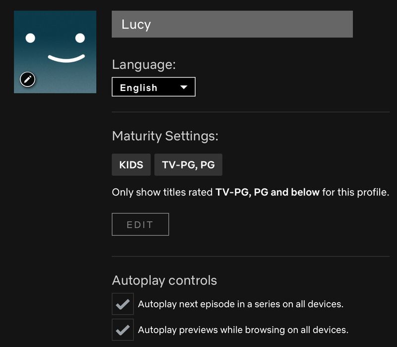 Web des paramètres du profil des enfants de Netflix