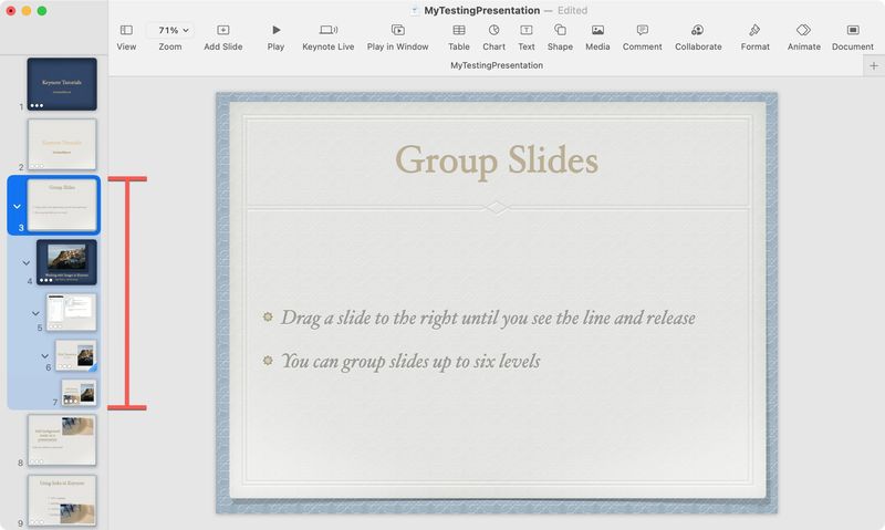 Grouped Slides Levels in Keynote on Mac