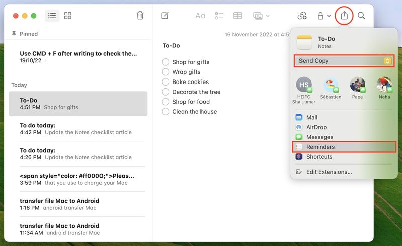 Cliquez sur partager dans Notes et choisissez Rappels