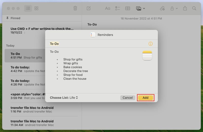 Ajouter des notes au rappel sur Mac