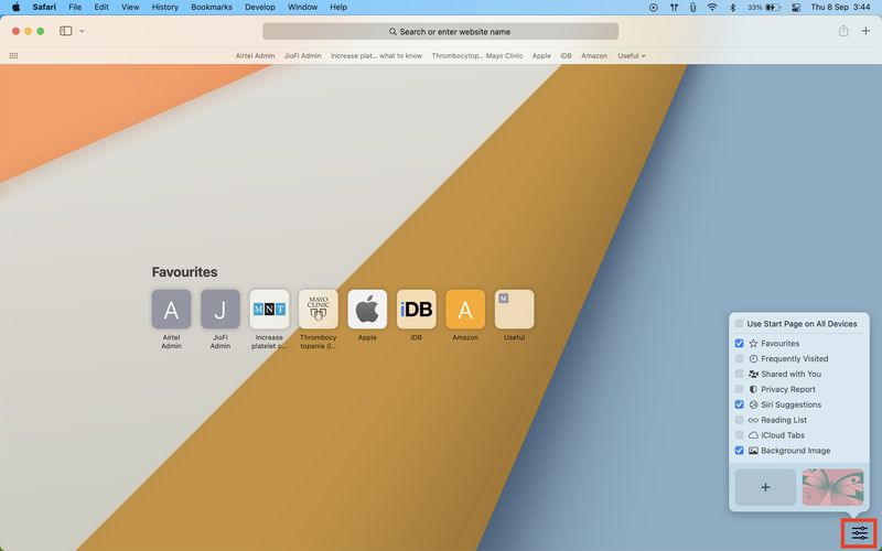 Cliquez sur le bouton Paramètres dans Safari sur Mac