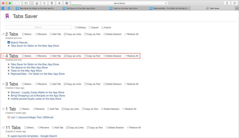 Tab Saver for Safari Mac screen