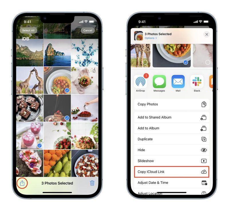 Copiez le lien iCloud pour partager des photos depuis l