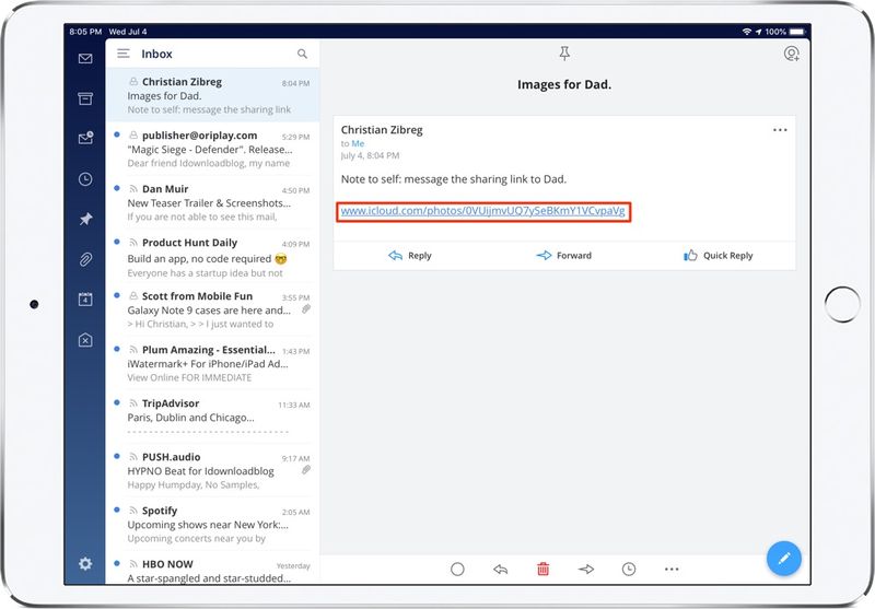 Partager des photos iPhone - Un exemple de message électronique dans Spark pour iPad avec un lien de partage multimédia iCloud.com inclus