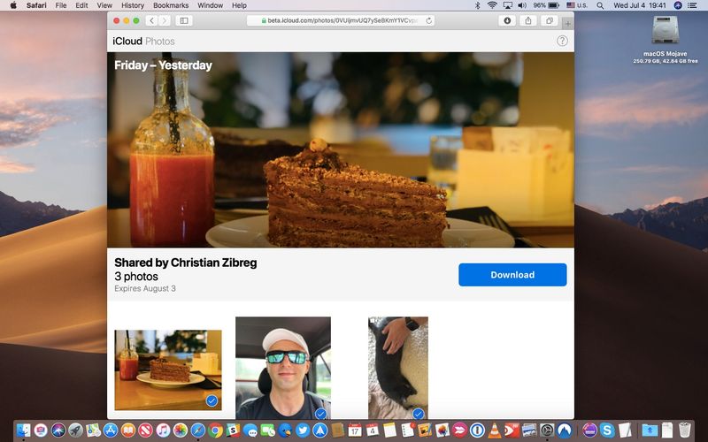 Partager des photos iPhone - Safari pour macOS Mojave montrant un exemple de page de téléchargement sur iCloud.com