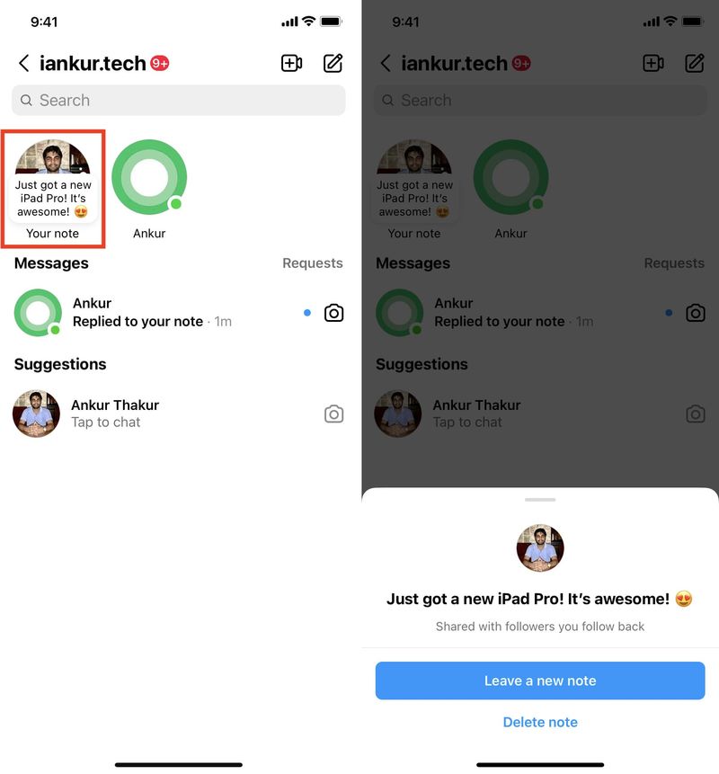 Leave a new Instagram Note and replace previous one