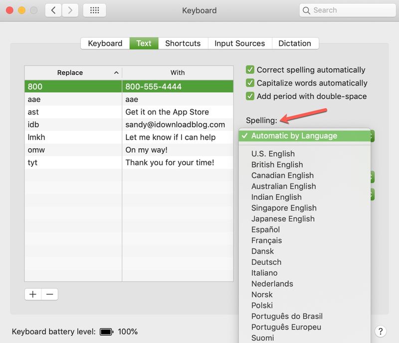 Langue de vérification orthographique sur Mac