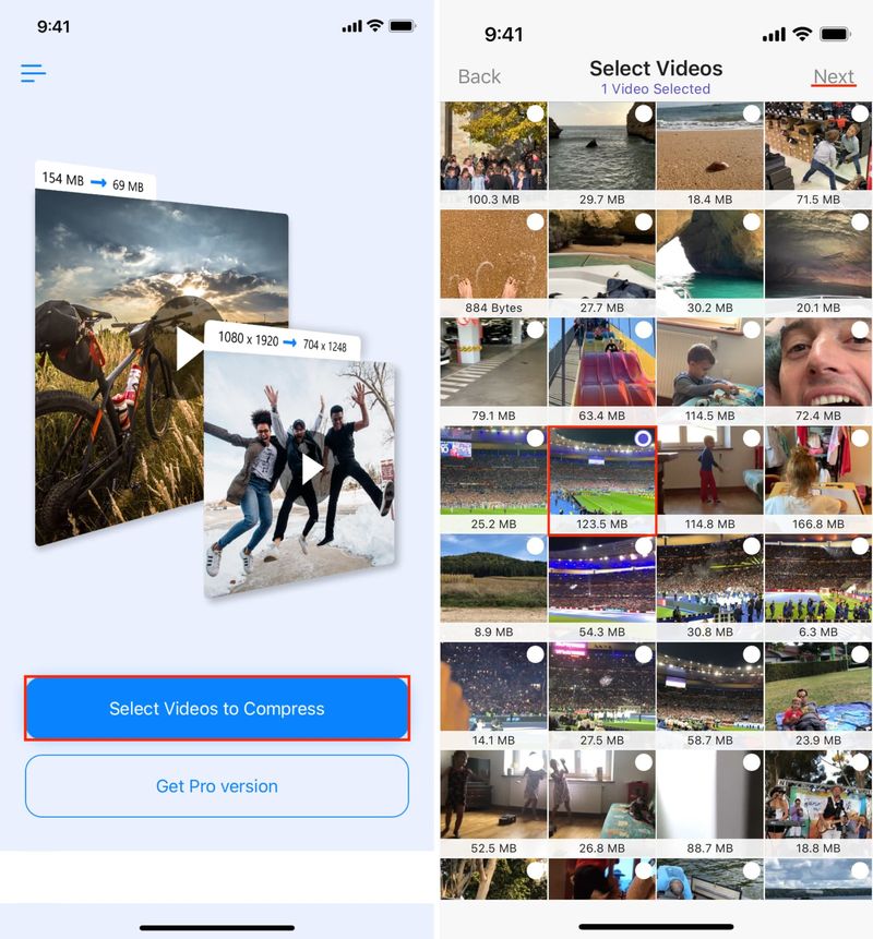Choisissez la vidéo à compresser sur iPhone