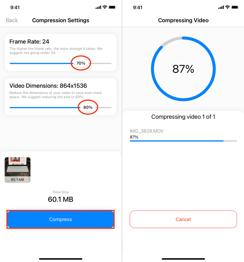 Ajustez les paramètres de compression et appuyez sur compresser sur iPhone