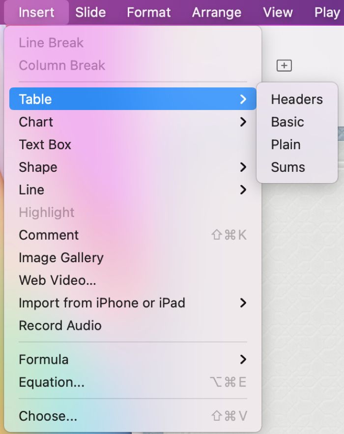 Keynote Insert Table from the Menu Bar on Mac
