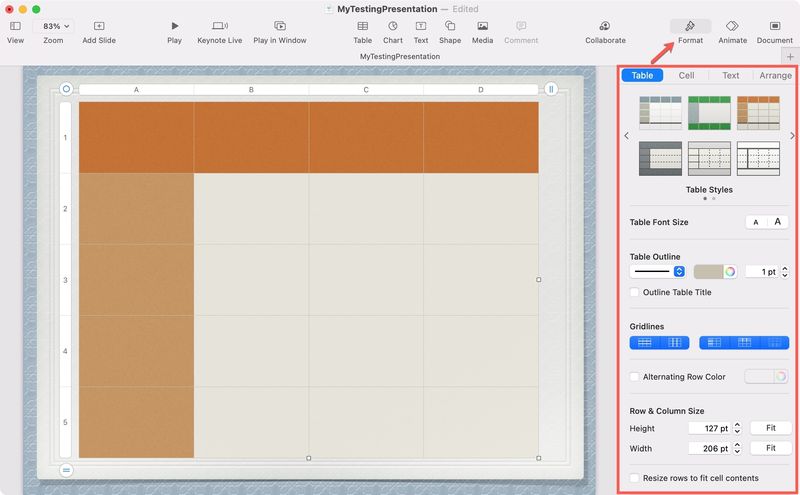 Keynote Format a Table on Mac