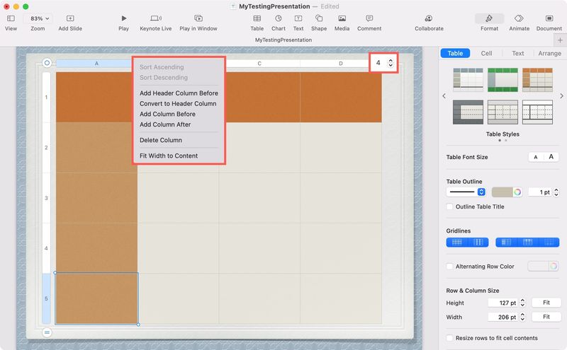 Keynote Add or Remove Columns and Rows in a Table on Mac