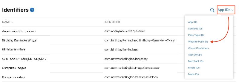 Select website push id