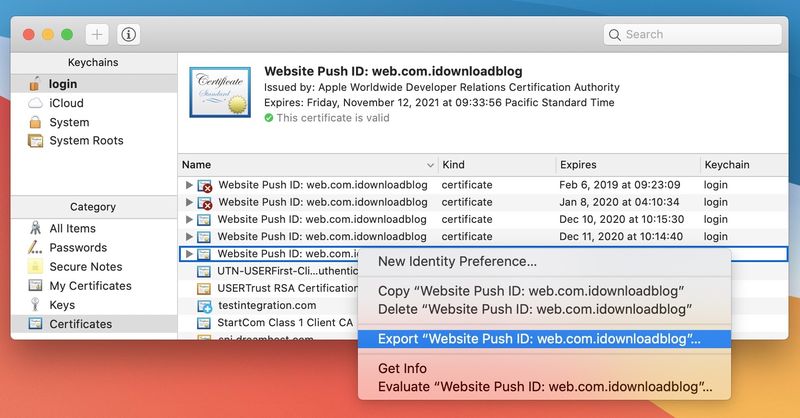 export website push ID