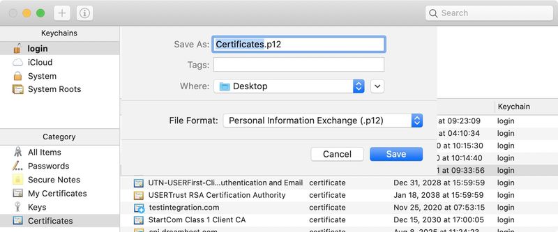 save certificate.p12 file
