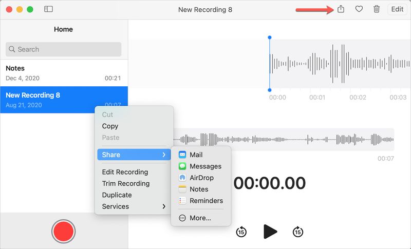 Voice Memos Share a Recording on Mac
