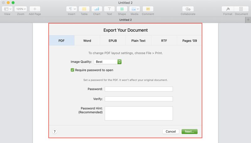 Ajouter un mot de passe exporter des pages PDF Mac