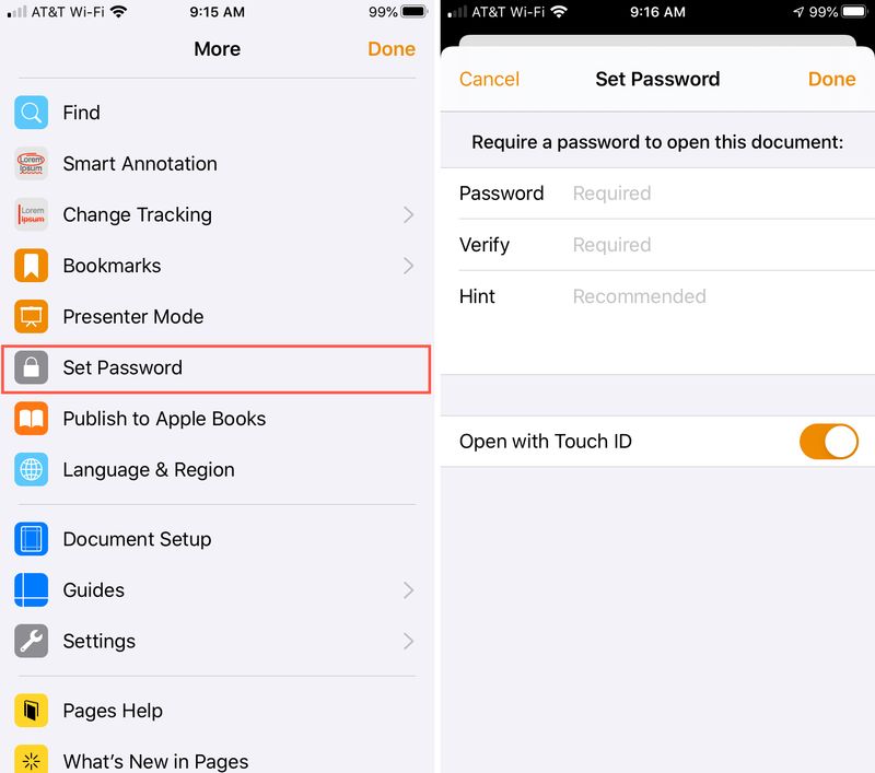 Ajouter un mot de passe Pages iPhone