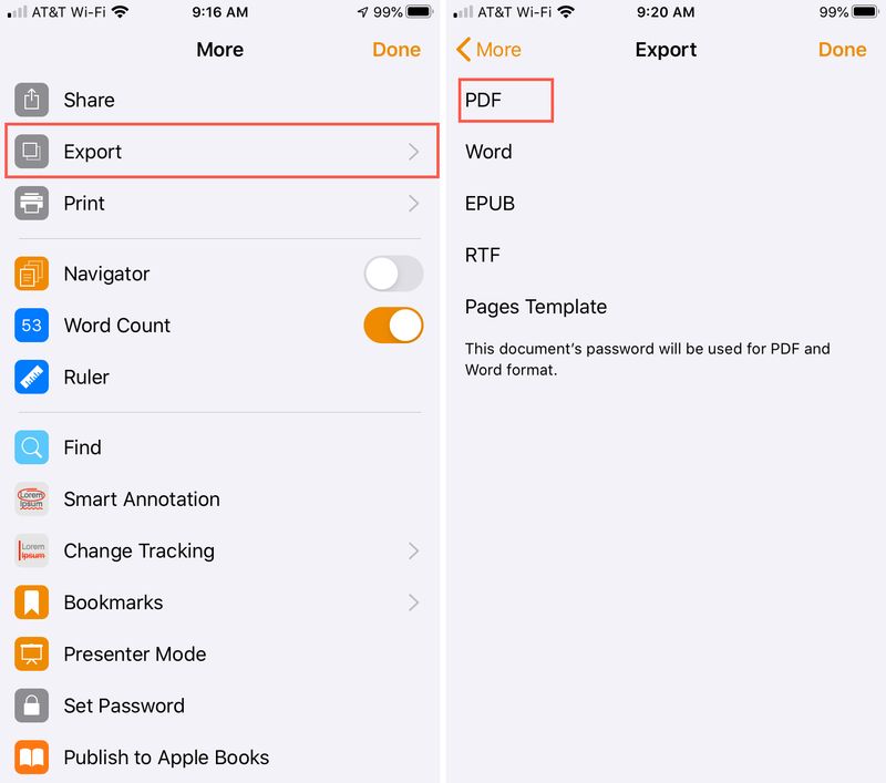Exporter des pages PDF iPhone
