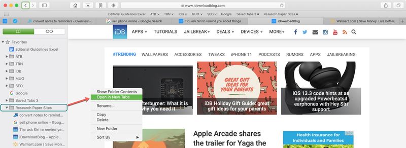 Open in New Tabs Bookmarks Safar Mac