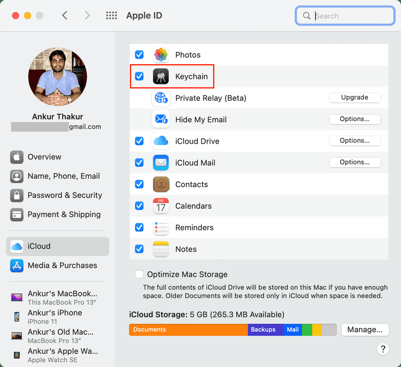 Trousseau dans les paramètres iCloud sur Mac