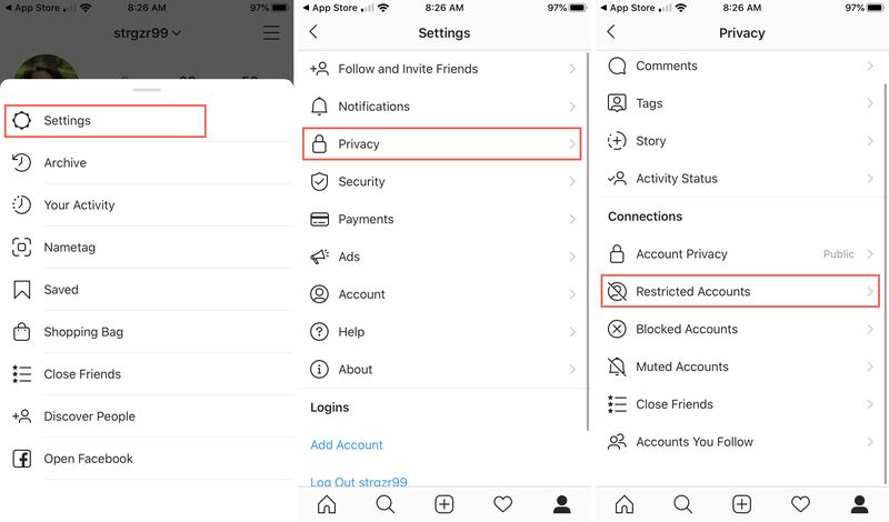 Paramètres Confidentialité Comptes restreints Intagram