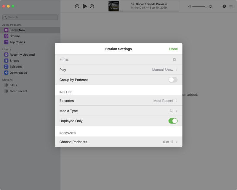Podcasts Station Settings Mac