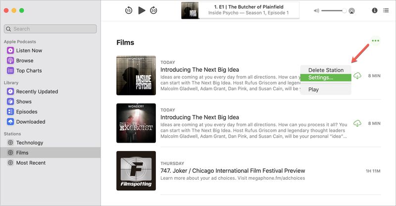 Podcasts Station Access Settings Mac