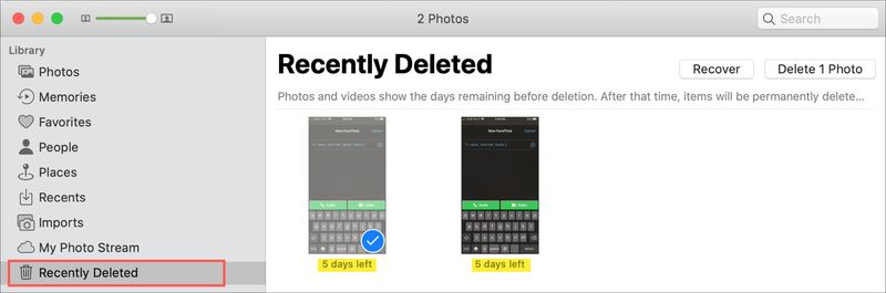 Photos récemment supprimées Jours restants Mac