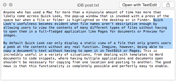 Select text in Quick Look