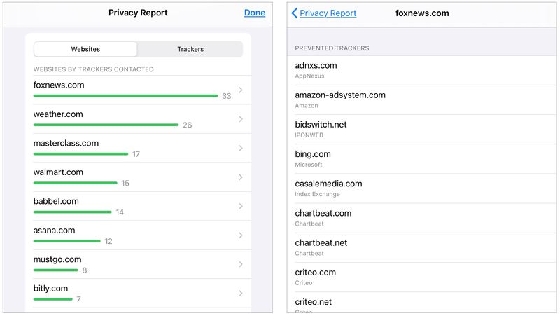 Safari Privacy Report Websites