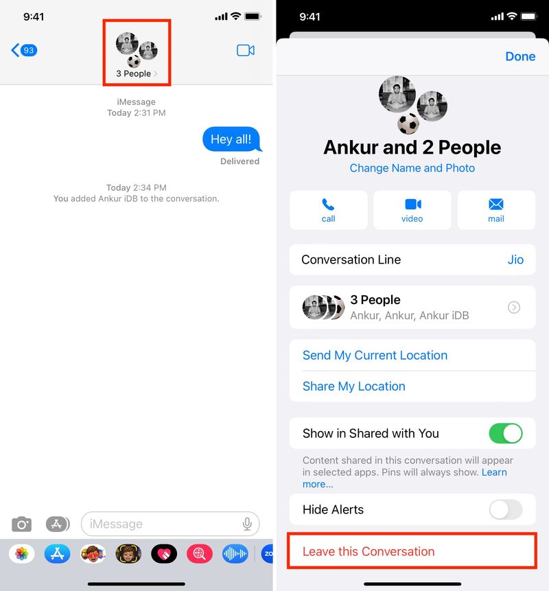 Quitter la conversation de groupe dans les messages sur iPhone