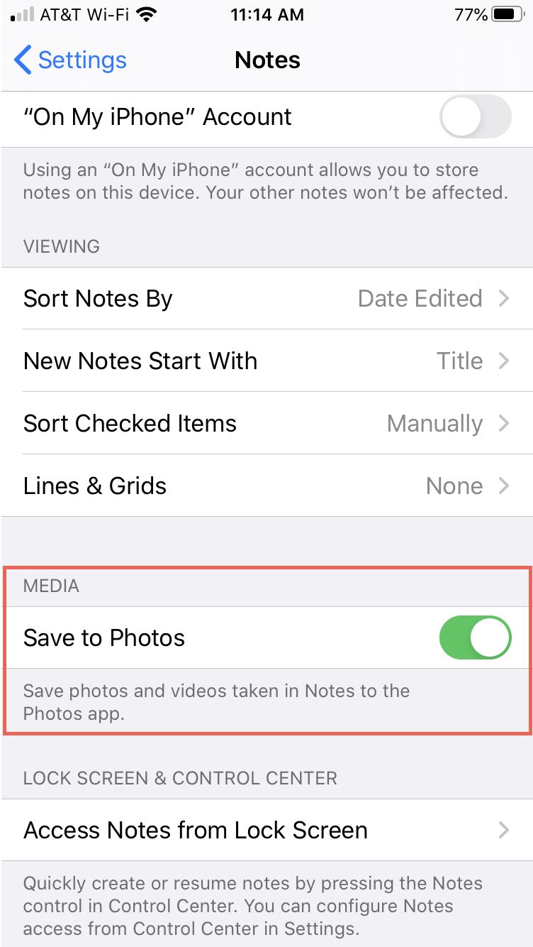 Paramètres Notes Enregistrer dans les photos iPhone