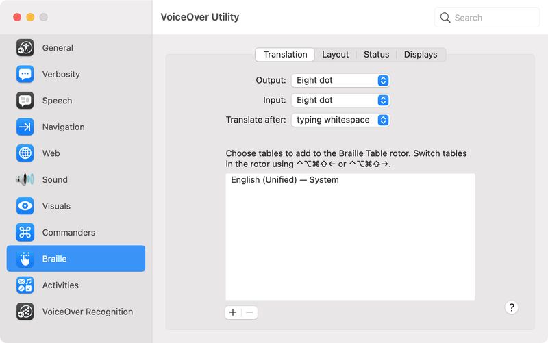 VoiceOver Utility Braille