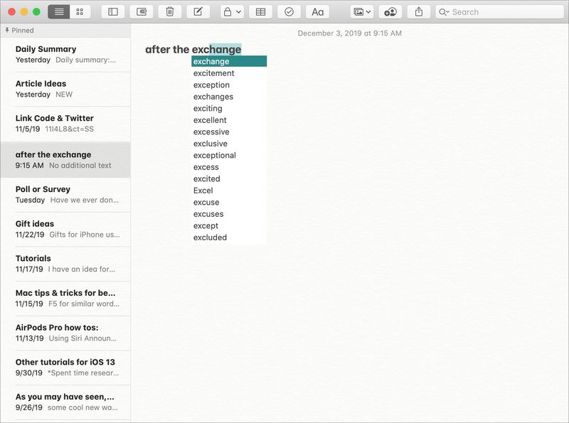 Raccourci de la liste de mots F5 sur Mac