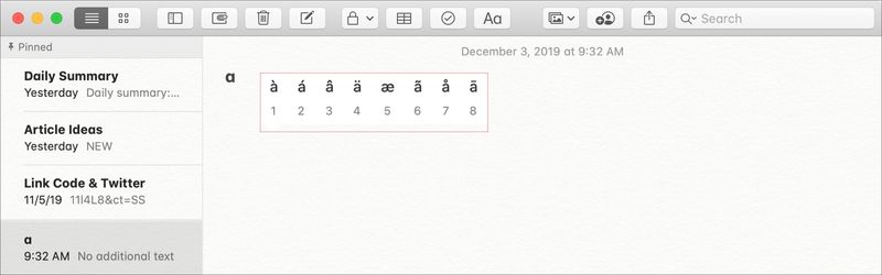Accents des lettres dans Notes sur Mac