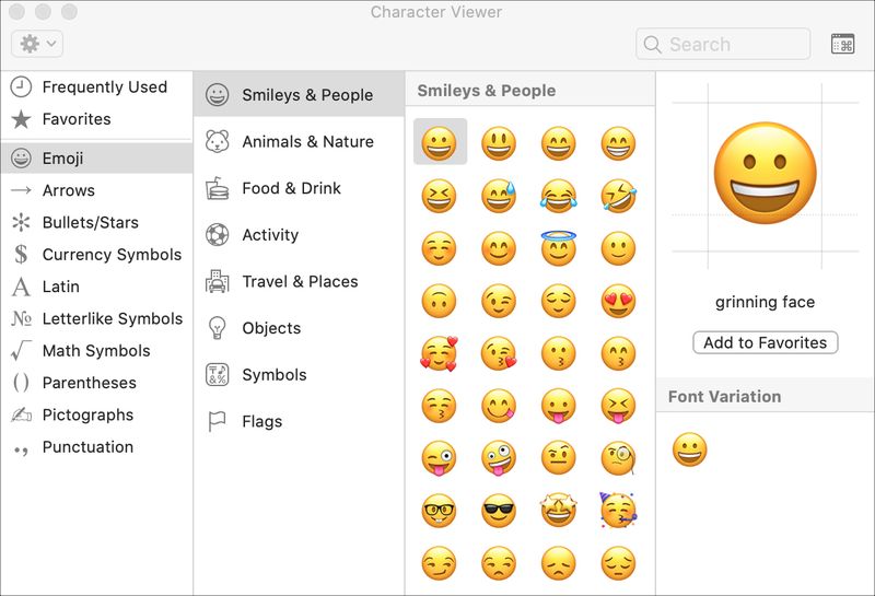 Fenêtre Emojis sur Mac