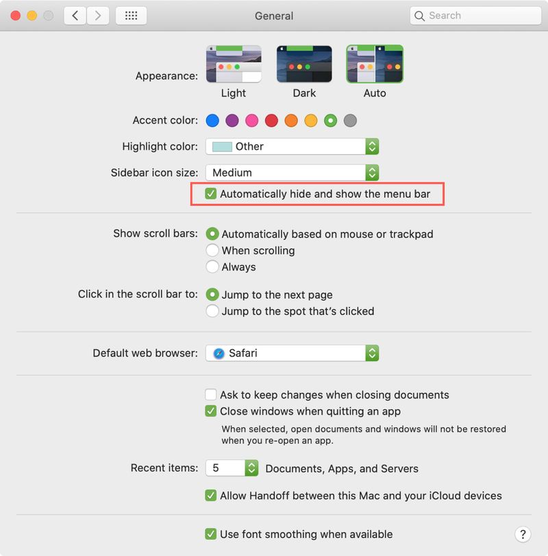 Afficher les paramètres de masquage de la barre de menus Mac