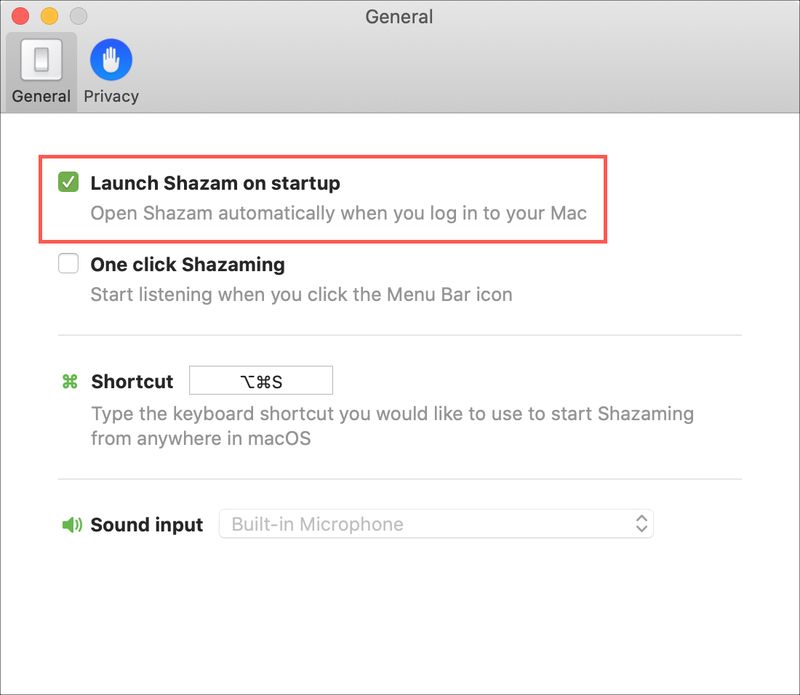 Shazam on Startup on Mac